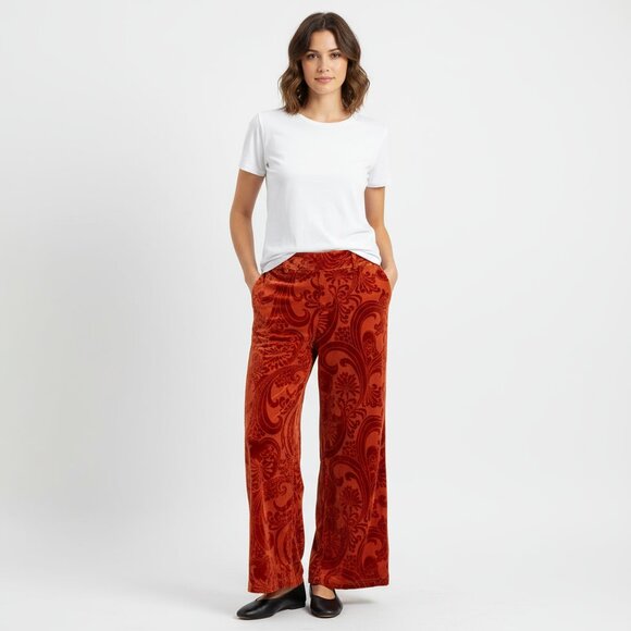 Urban Outfitters Orange Sheer Burnout Velvet Paisley Print Flair Hem Pants 4 - Picture 6 of 6